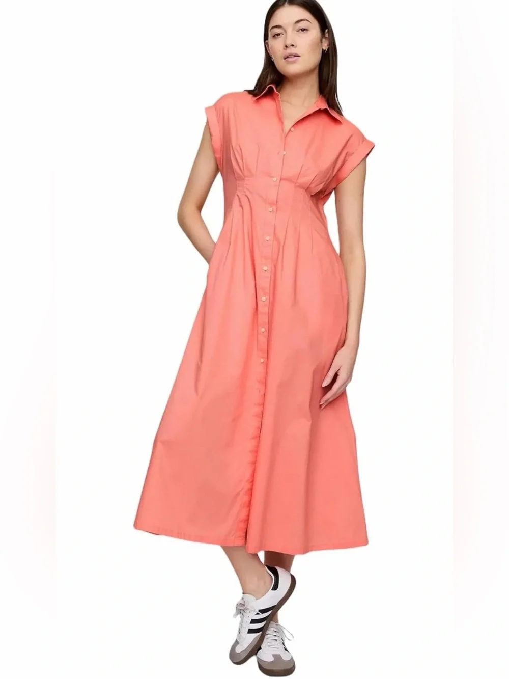 NWT GAP Coral-Peach Button Front Shirt Midi Dress, Medium - Picture 1 of 9